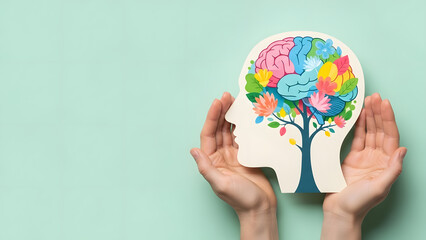 Hands holding paper cutout profile with colorful brain and flowers | Concept of mental wellbeing and psychological health | Creative expression and nurturing positive mental growth | Symbolic represen