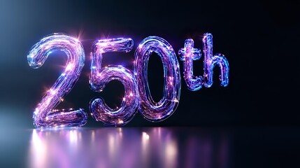 Glowing neon 250th anniversary number with electric light effects on dark background for milestone celebration events and commemorative designs.