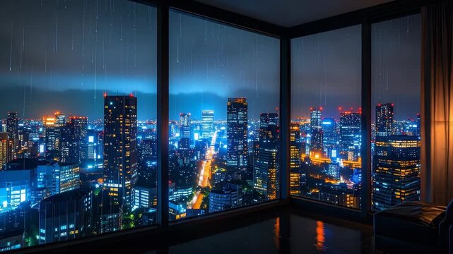 Spectacular cityscape view from apartment window at night with glowing building lights, falling rain and dramatic sky