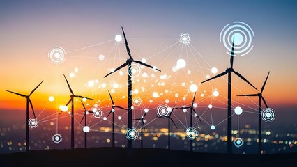 Smart wind turbines with IoT connectivity icons at sunset generating renewable energy for sustainable power grid and environmental technology solutions.