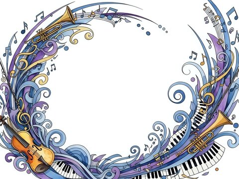 Musical instruments frame with piano keys, violin, trumpet and flowing notes creating decorative border for text or design on white background.
