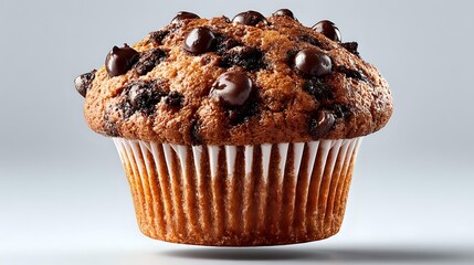 Chocolate chip muffin with golden brown texture and rich chocolate pieces on clean white background isolated for bakery menu design and food advertising.