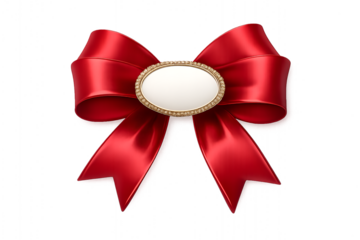 Large red satin ribbon bow with a white oval center frame for text elegant gift decoration or festive badge isolated on white