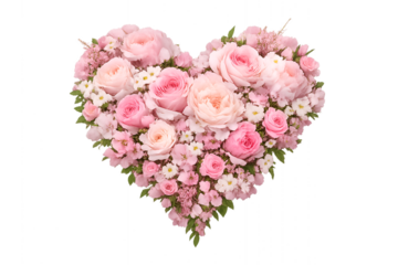 Heart shaped floral arrangement made of pink and peach roses romantic symbol of love for Valentines Day or wedding celebration isolated on transparent background