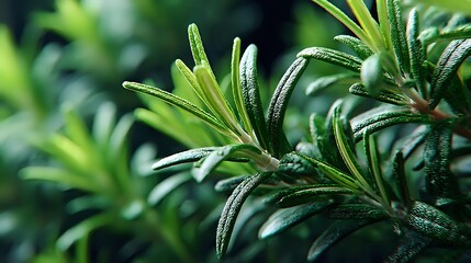 Fototapeta premium Fresh rosemary herb branches with green needle-like leaves growing in natural garden setting for culinary cooking and aromatherapy applications.