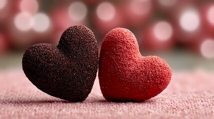 Obraz premium Two textured fabric hearts in burgundy and red colors on soft pink surface with romantic bokeh lights background for Valentine's Day celebration.