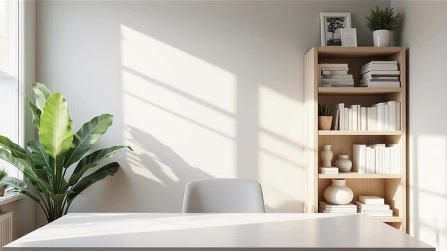 A professional virtual background of a clean, modern home office with a bookshelf and natural light.	
