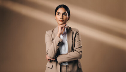Confident Professional Businesswoman Thinking Strategically Against Minimal Neutral Background.