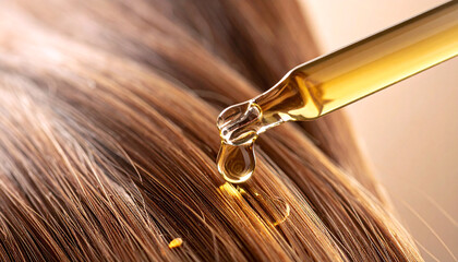 Hair Serum Dropper Applying Golden Oil on Brown Hair Close-Up