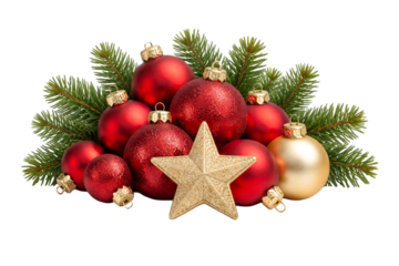Christmas decorations with red ornaments and gold star on pine tree branches holiday on transparent background