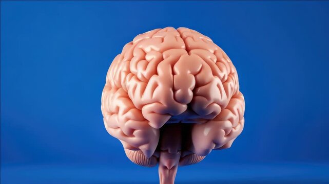 A detailed of a human brain with a focus on the cerebral cortex and deep structures, including the ventricles. The has a blue background.