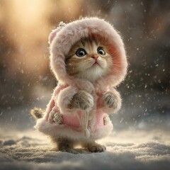 Fototapeta premium A kitten dressed in a pink, hooded coat stands in the snow. The curious feline peers upwards as gentle snowflakes fall all around it.