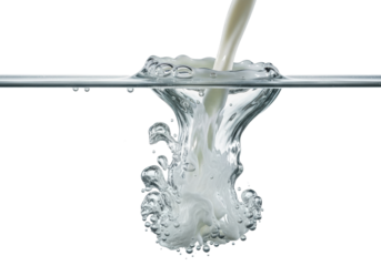 Hyperrealistic macro close-up of cold milk stream impacting clear water, causing dynamic crown splashes and white clouds against a transparent studio backdrop. Concept for beverage advertising