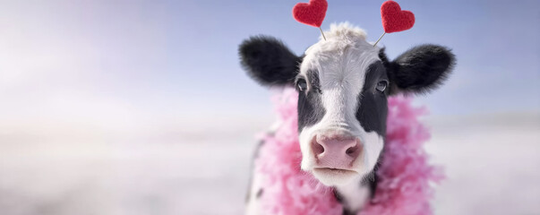Young black and white calf posing, wearing a fluffy pink feather boa and red heart antlers, looking directly at camera