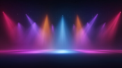 Colorful stage lights shining vibrant beams dark space with glowing purple, blue, and orange hues creating dynamic atmosphere