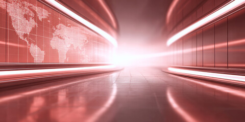 Digital studio background with red curved walls and glowing lights, showing a world map for global news and technology themes