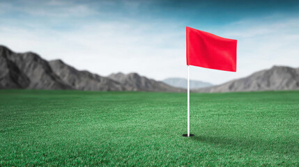Obraz premium Golf flag showing target on a green course, representing goal achievement, success, and precision sport
