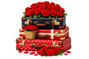 Stack of vintage suitcases decorated with red roses