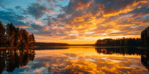Vibrant orange sunset reflecting on calm lake water with dense forest landscape creating tranquil nature scene