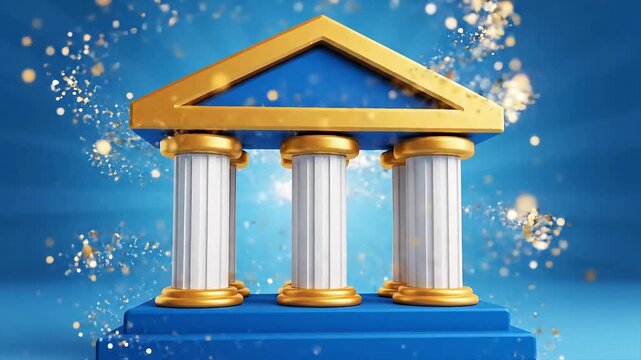 Golden pediment with three classical columns stands on a blue platform with festive bokeh lights isolated on blue.