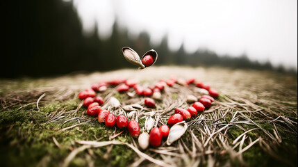 Red berries arranged in a heart shape on moss and dried leaves with a levitating seed pod opening, representing natural love and connection
