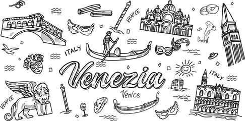 Venice doodle set with Venetian carnival masks, landmarks, Italian food and gondolas, vector illustration on white background.​ © doom.ko