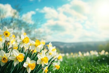 Fototapeta premium A vibrant spring scene with a field of daffodils blooming under a clear blue sky.