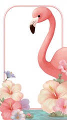 A pink flamingo is standing in front of a pink flower