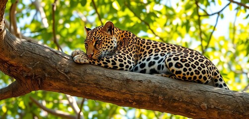 A leopard rests camouflaged on a tree branch, its spotted coat blending with the dappled sunlight,  Africa,  predator