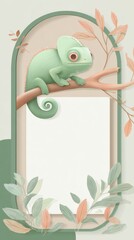 A green chameleon is perched on a branch next to a white sign