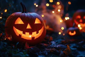 Fototapeta premium A spooky night scene with a jack-o'-lantern glowing in the dark, surrounded by a forest of trees with twinkling lights in the background.
