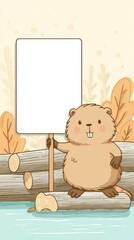 A cartoon of a brown bear holding a sign