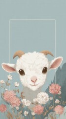 A cute goat is surrounded by flowers and a white frame