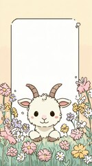 A cute goat is sitting in a field of flowers