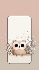 A cute cartoon owl is sitting on a white background with leaves and stars