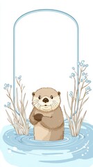 A cute otter is standing in a body of water, holding a ball in its mouth