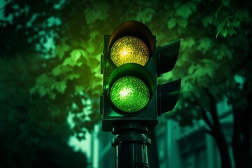 Green and yellow lights are illuminated on a traffic signal, indicating both caution and permission to proceed