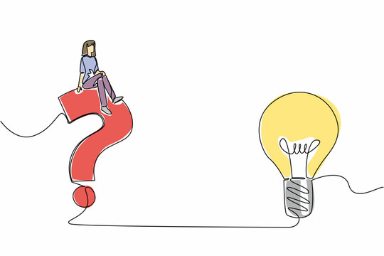 Continuous one line drawing a woman sitting on a big question mark symbol and a light bulb. Reliable analyst problem solver. Smart. National Creativity Day. Single line draw design vector illustration