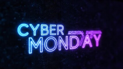 CYBER MONDAY" in neon blue and purple pixelated text on a dark digital background with glitch effects - Powered by Adobe