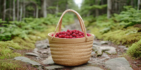 Wicker basket filled with ripe red berries resting on a rocky forest path surrounded by lush green moss and tall trees