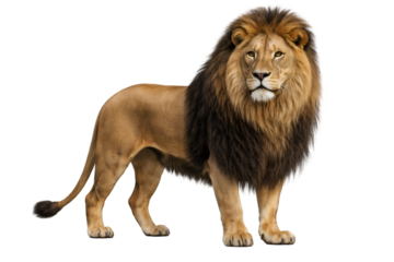 Majestic male lion with thick mane standing and looking forward isolated on transparent background