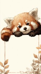 A cute red panda bear is laying on a white background with a frame