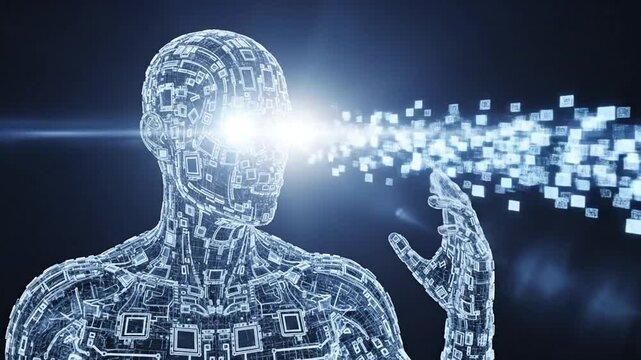 Humanoid AI entity coming online with luminous fractal circuits