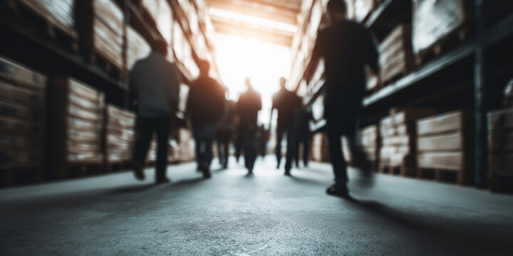 Warehouse workers walking towards light, moving forward with logistics and supply chain operations - Powered by Adobe