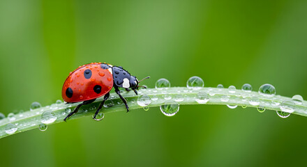 Obraz premium Red Ladybug Walking on Dew Covered Grass Blade