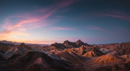 Obraz premium Abstract terrain featuring jagged peaks and unusual colors under a strange glowing sky suggesting an alien world or surreal dreamscape, environment, future, imagination