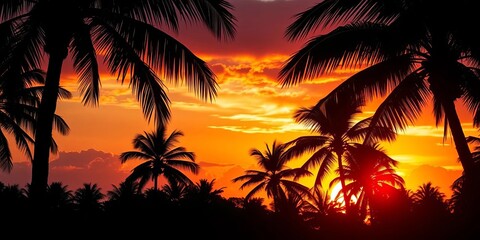 Tropical palm tree silhouettes forming a natural frame against a vibrant sunset,   ocean,  travel