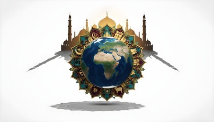 Earth globe on white background with Islamic ornamental decor, Eid lanterns, crescent moon and dramatic shadowed masjid, symbolic spiritual global unity, high quality 4K