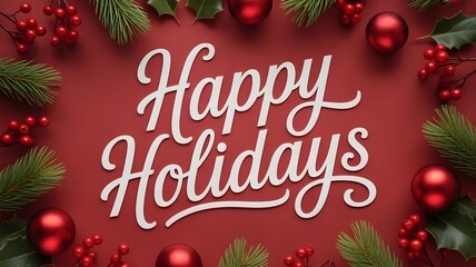 Happy holidays greeting card with white text and red christmas ornaments, pine branches, and holly on a red background