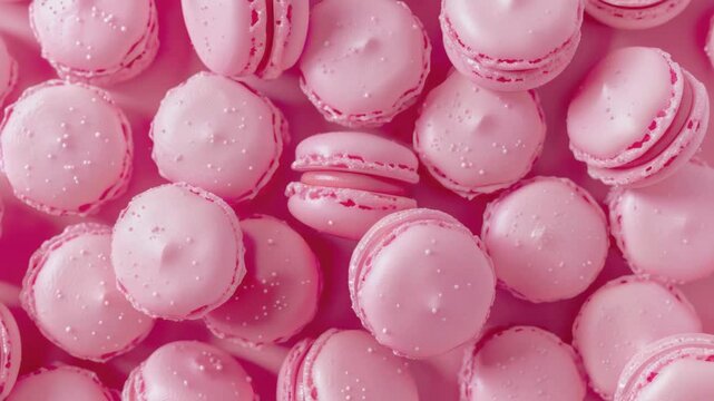 Close-up of pastel pink French macaroons dusted with sugar.